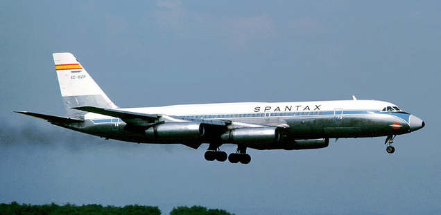 A Convair 990 of Spanish airline Spantax landing at Basle, Switzerland in 1976